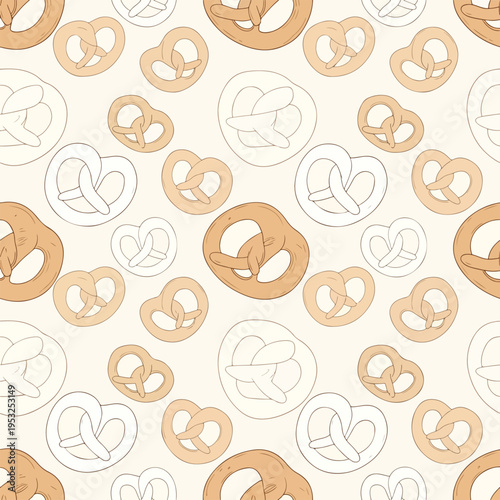 Seamless pattern of assorted brown and white pretzels on a beige background with outlined and solid textures.