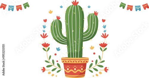 A vibrant cactus plant in a pot sits alongside a spring floral bouquet of yellow tulips and blooming narcissus in a garden