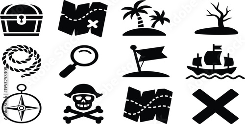Pirate treasure hunt icons including chest map compass skull ship and island Keywords: pirate, treasure, map, chest, compass