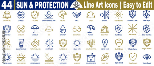 Sun and protection, ultraviolet safety icons. Collection including solar panels, index zones, daylight defense helmets, masks, covers, and protective barriers vector illustration.