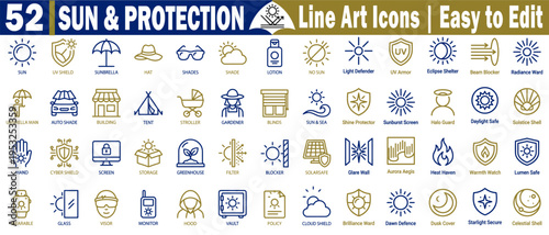 Sun and protection, skincare line icons. Featuring lotions, shades, hats, umbrellas, gardeners, strollers, tents, greenhouses, and electronic monitoring devices vector illustration.