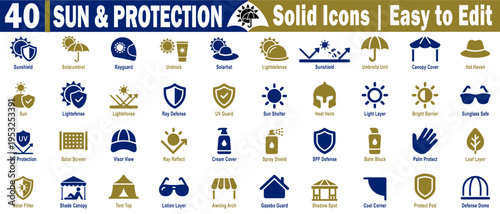 Sun and protection solid icons. Featuring ray guards, blocks, sunscreens, shade canopies, visor views, spray shields, and protective dome structures, vector illustration.