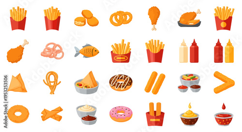 Fried Fast Food and Snacks Vector Icon Set: Chicken, Fries, Onion Rings, and Sauces