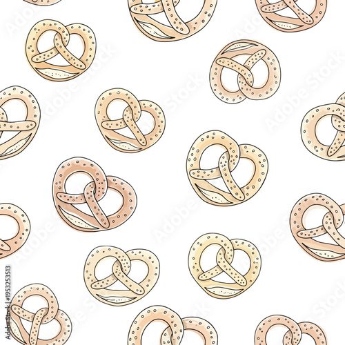 Illustration of multiple golden brown pretzels with salt on a white background in a seamless pattern with a warm mood.