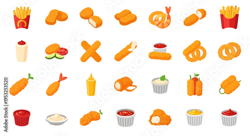 Deep Fried Snacks and Fast Food Appetizer Icons Set with Dipping Sauce