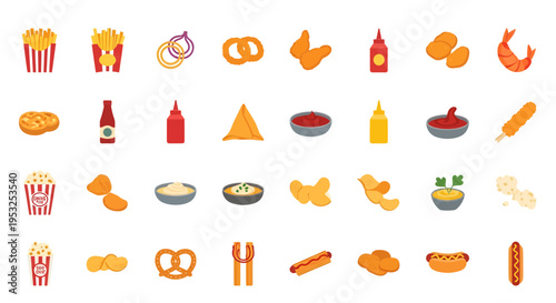 Fried Snacks and Fast Food Icons Set in Flat Design Style