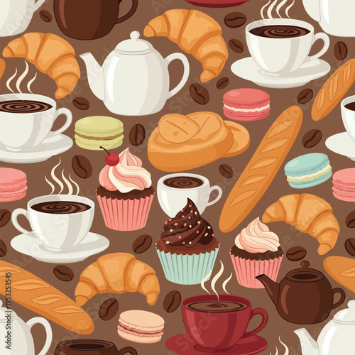 A colorful flat lay pattern of various pastries, coffee cups, and teapots on a brown background with a playful and appetizing mood.