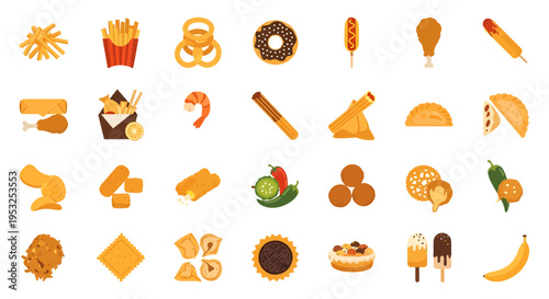 Fried Street Food and Dessert Vector Icon Set: Corndog, Churros, Shrimp, and Snacks