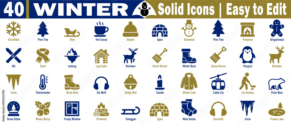 Fototapeta premium Winter solid icons. Featuring diverse seasonal graphics like warm clothing and snowy weather elements on a transparent background, a vector illustration.
