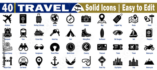  Travel & Adventure solid icons. Collection with passport, globe, compass, camera, map, route luggage tag, backpack, train, cruise ship, hiking boot, surfboard, boat vector illustration.