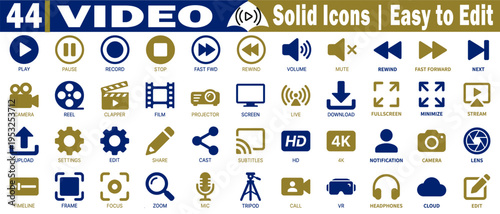 Video player and multimedia solid icons for user interface design featuring playback control symbols on transparent background graphics vector illustration.