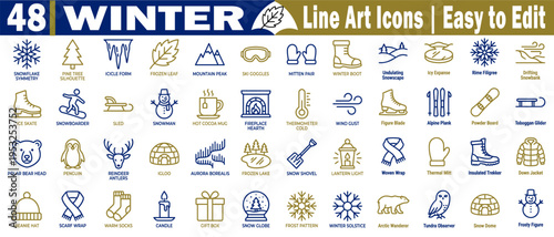 Winter line art icons. Collection featuring forty-eight unique seasonal illustrations, including weather symbols and holiday gear for cold climate designs, vector illustration.