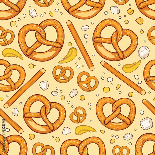 Seamless pattern of pretzels, breadsticks, and snacks on a pale yellow background with a playful and appetizing mood.