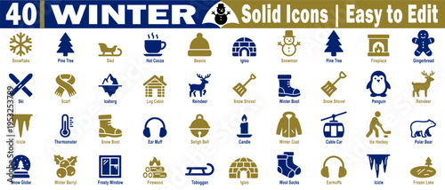 Winter solid icons. Featuring diverse seasonal graphics like warm clothing and snowy weather elements on a transparent background, a vector illustration.