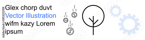 Business growth, financial dynamics, investment strategy, innovation, sustainability, industry processes. A tree, falling coins and gear icons. Business growth and financial dynamics conceptual