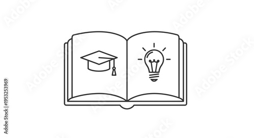 Simple Open Book Vector Illustration with Graduation Cap and Light Bulb Idea Education Concept Icon