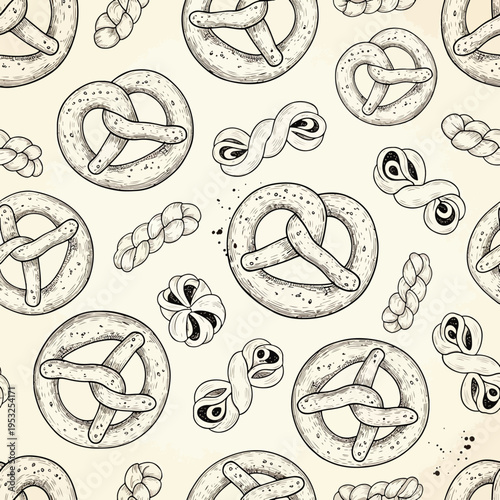 Seamless pattern of hand-drawn pretzels and bread rolls in black on a beige background with a vintage feel.