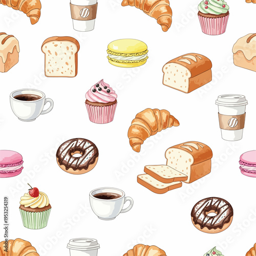 Seamless pattern of assorted baked goods and coffee cups on a white background with a colorful and appetizing mood.