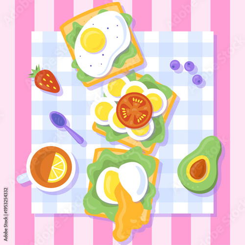 Avocado toast with eggs, fruit, and tea