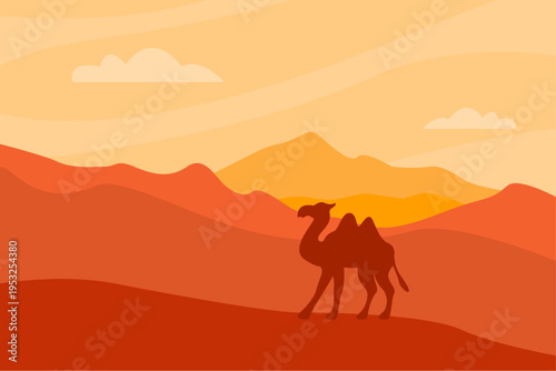 Camel walking through a desert landscape at sunset