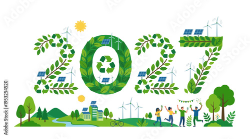2027 Sustainability Concept Illustration with Green Energy Wind Turbines Solar Panels and People Celebrating an Eco-Friendly Future in a Lush Green Landscape.
