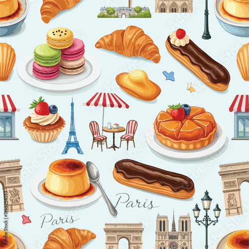 Colorful illustration of French pastries and Parisian landmarks on a light blue background with a charming and appetizing mood.