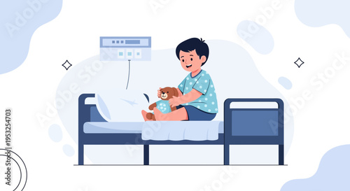 Sick child in hospital bed with teddy bear, medical equipment, illustration