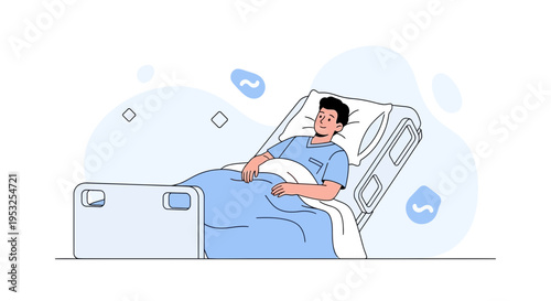 Man in Hospital Bed Recovering, Medical Care Illustration