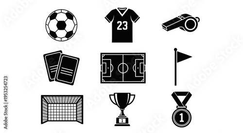 diverse set of flat design soccer and football game elements icons featuring ball jersey whistle cards goal and trophy.