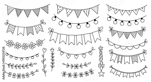doodle style hand-drawn party garlands string lights and floral borders perfect for festive scrapbooking and creative design elements