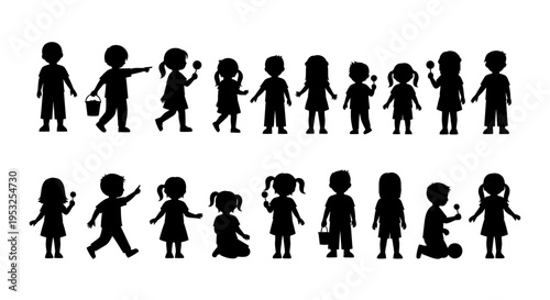 diverse silhouettes of young children playing and interacting on a white background ideal for childhood themes education and design projects.
