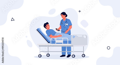 Nurse Checks Patient's Health in Hospital Bed, Medical Care Illustration