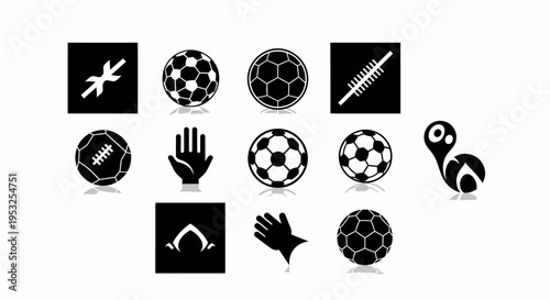 graphic collection of diverse sports icons and symbols featuring multiple soccer balls footballs and a goalkeeper glove.