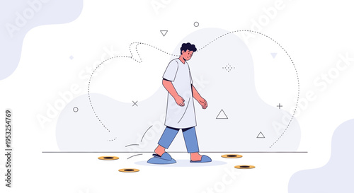 Man walking on stepping stones, concept of decision making, path, and choices