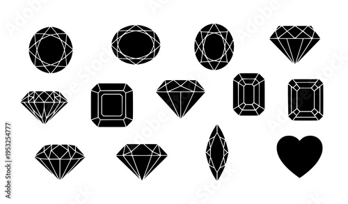 Luxury diamond shapes silhouette vector collection jewelry gem icon set