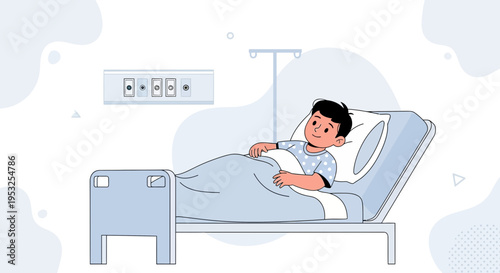 Sick boy in hospital bed with IV drip, receiving medical care