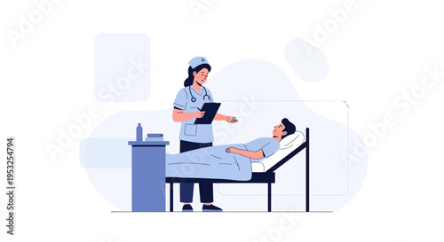 Nurse checking on patient in hospital bed, medical care illustration