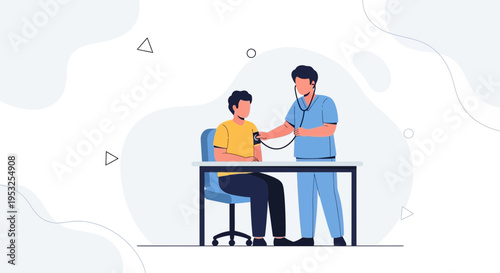 Doctor checking patient's blood pressure with stethoscope in clinic, medical checkup