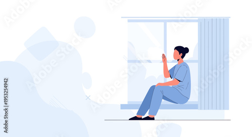 Nurse Sitting by Window, Looking Out, Peaceful Break