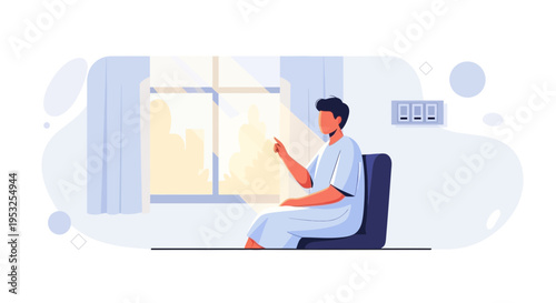 Patient in hospital gown sitting by window, pointing at sunlight, hope and recovery concept