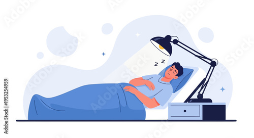 Man sleeping peacefully in bed under a desk lamp, illustration