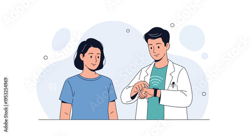 Doctor showing smartwatch to patient, healthcare technology concept