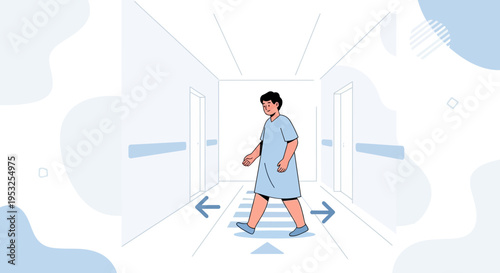 Patient walking in hospital corridor, decision making, choice, direction arrows