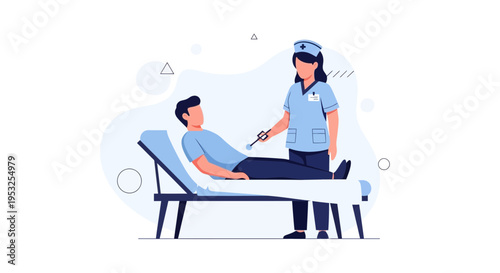Nurse checks patient's temperature in hospital bed, medical illustration