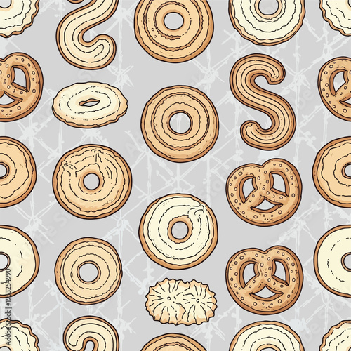 Seamless pattern of assorted pretzels and bagels on a light gray background with subtle white designs.