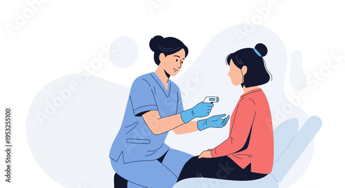 Nurse checking patient's temperature with infrared thermometer, medical checkup, healthcare concept
