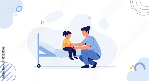 Caring parent comforting child on hospital bed, illustration