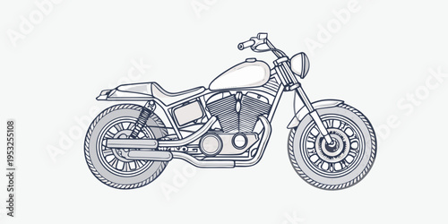 Line art illustration of a classic vintage motorcycle side view