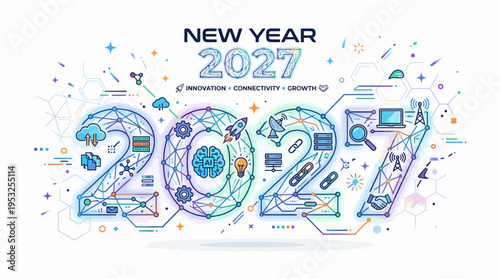 Happy New Year 2027 Digital Technology Concept with Colorful Line Art Icons Representing Innovation Connectivity and Global Growth for Future Business Success.