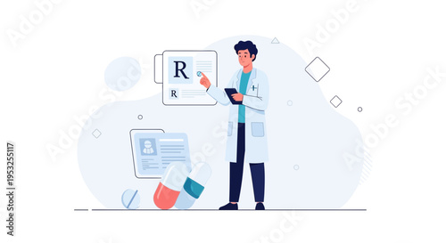 Doctor with Prescription and Medical Records, Pills and Capsules